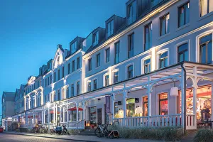 Norderney Prints: Historic hotels on the western beach of Norderney at blue hour