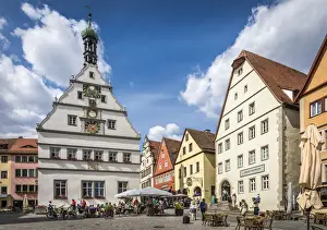Mittelfranken Prints: Historic houses on the market square in the old town of Rothenburg ob der Tauber