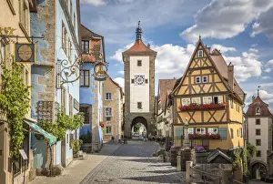 Mittelfranken Prints: Historic houses and Spitaltor in Untere Schmiedgasse in the old town of Rothenburg ob der