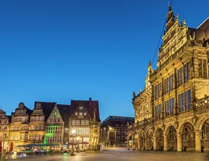 Roland Statue Prints: Historic houses and town hall on the market square in the evening, Bremen, Germany