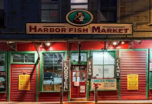 Portland Prints: Historic Old Port and Fish Market at Night Portland Maine, New England, USA