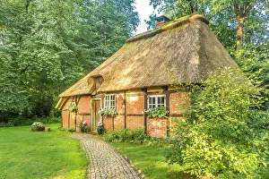 Lower Saxony Prints: Historic thatched half-timbered house Witch house in the village of Wesel