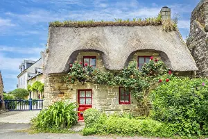 Hamlet Prints: Historic thatched-roof house in the hamlet of Kercanic, Nevez, Finistere, Brittany, France
