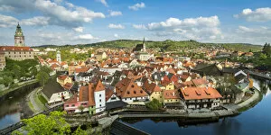 Historic town of Cesky Krumlov and Cesky Krumlov Caste Tower on sunny day, UNESCO