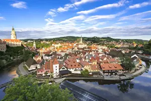 Historic town of Cesky Krumlov and Cesky Krumlov Caste Tower on sunny day, UNESCO, Cesky Krumlov, South Bohemian Region, Czech Republic