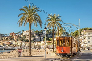 South Prints: Historic tram on the waterfront promenade of Port de Soller