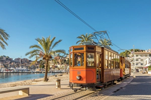 Beach Promenade Prints: Historic tram on the waterfront promenade of Port de Soller
