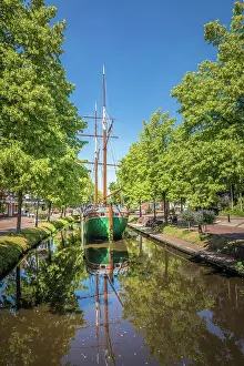 Historical cargo glider Margaretha on the main canal in the old town of Papenburg, Emsland, Lower Saxony, Germany