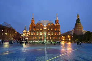 Moscow Prints: Historical Museum, Marshal Zhukov statue and Corner Arsenal Tower, Moscow, Russia