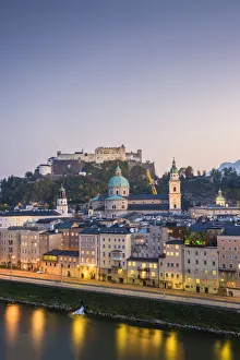 Salzburg Gallery: Historical old town of Salzburg reflected in Salzach river at dusk with Hohensalzburg