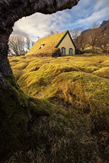 Moss Prints: Hofskirkja church at sunset during autumn, Hof, Oraefi, Iceland