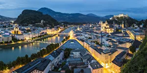 The Hohensalzburg Fortress, church & cathedral, at dusk, Salzburg, Austria