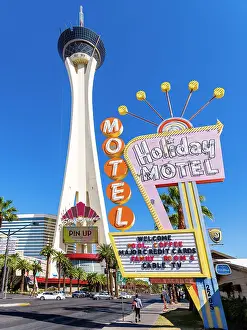 Entertainment Prints: Holiday House Motel with Stratosphere Famous Las Vegas Strip and Boulevard Las Vegas