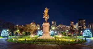 Boston Prints: Holiday lights at dusk in Boston Public Garden, Boston, Massachusetts, USA