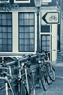 Cylces Prints: Holland, Amsterdam, Bicycle sign and traditional Amsterdam houses