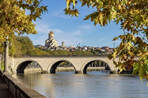 Transcaucasia Prints: Holy Trinity Cathedral and Saarbruecken bridge in the autumn, Tbilisi, Georgia
