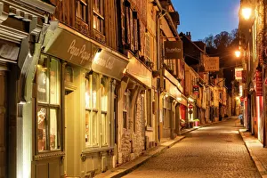Normandy Prints: Honfleur Cobblestone Street at Night, Honfleur, Normandy, France