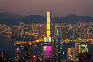 Ferry Prints: Hong Kong cityscape and International Commerce Centre viewed from Victoria Peak