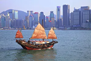 Hong Kong Harbour With Red Sailed Junk, Hong Kong, Special Administrative Region