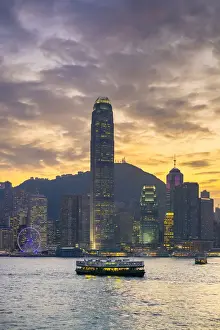 Hong Kong skyline, skyscrapers on Hong Kong Island skyline at sunset seen from Tsim