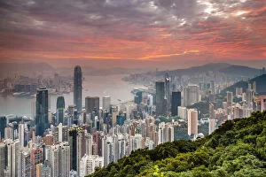 Hong Kong skyline at sunrise from Lugard Road on Victoria Peak, Hong Kong Island