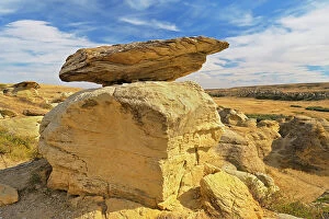 Images Dated 14th June 2023: Hoodoo with cap intact in badlands, UNESCO World Heritage Site, Writing-On-Stone Provincial Park