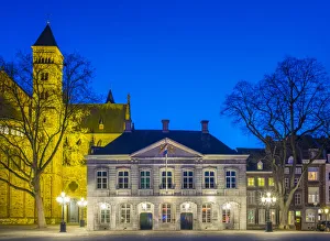 Hoofdwacht (guard house) on Vrijthof square at dusk, Mstricht, Limburg, Netherlands