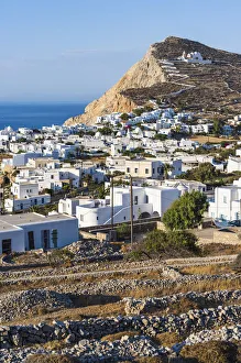 Hora village and church on the mount, Folegandros Island, Greece Hora village and church on the mount, Folegandros Island, Greece