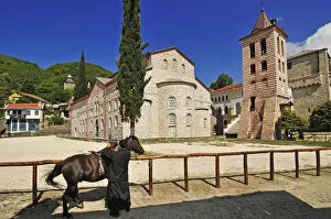 Images Dated 13th May 2014: Horse riding monk, Protato Church, Karies, Mount Athos, Chalkidiki, Greece