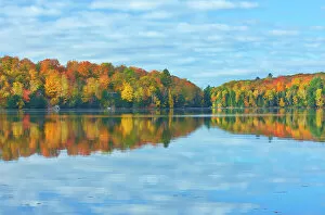 Seasons Gallery: Horseshoe Lake in autumn with cottage, Near Parry Sound, Ontario, Canada