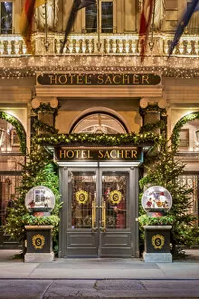 Images Dated 19th December 2019: Hotel Sacher entrance decorated with Christmas lights, Vienna, Austria