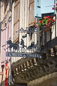 Pyrenees Prints: Hotel Sign & Half Timbered Houses, Mirepoix, Ariege, Midi-Pyrenees, France
