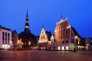 Latvian Prints: House of Blackheads and St Peter's Church tower, Town Hall square, Riga, Latvia