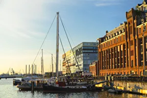 Block Prints: Houses and boats in Oude Houthavens harbour, Amsterdam, Noord Holland, Netherlands