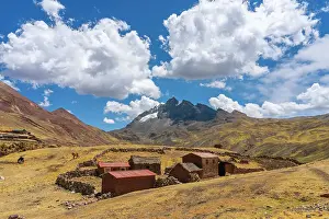 Cuzco Region Prints: Houses on countryside with horses grazing around with Takusiri mountain (5350 m) in background
