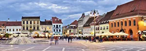 Transylvanian Prints: Houses and restaurants in Piata Sfatului (Council Square). Brasov, Romania