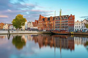 Gable Gallery: Houses on riverside of Trave river and Wassertreppe (Water steps) at sunset, Lubeck, UNESCO