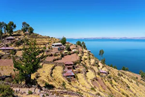 Republica Del Peru Prints: Houses on terraced fields on Taquile Island
