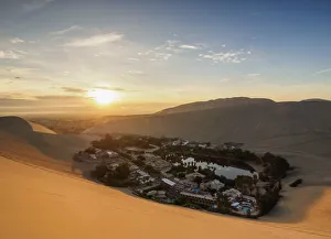 Huacachina Oasis at sunrise, elevated view, Ica Region, Peru