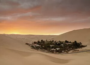 Huacachina Oasis at sunset, elevated view, Ica Region, Peru