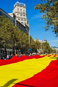 Huge Prints: Huge spanish flag unrolled in Passeig de Gracia during the celebration of the Spain s