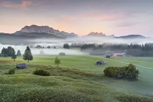 Karwendel Prints: humped meadows with wafts of mist at sunrise and Karwendel Range and Zugspitz-Massif