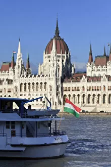 Hungary, Budapest, Parliament Building (Orszaghaz) and River Danube