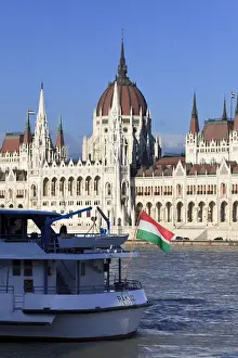 Parliament Building Prints: Hungary, Budapest, Parliament Building (Orszaghaz) and River Danube