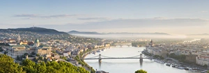 Hungary, Central Hungary, Budapest. Sunrise over Budapest and the Danube from Gellert