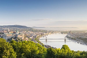 Hungary, Central Hungary, Budapest. Sunrise over Budapest and the Danube from Gellert