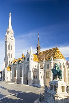 Neo Gothic Prints: Hungary, Central Hungary, Budapest. St. Matthias Church and St Stephen Statue are
