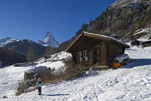 Hut in the snow and the Materhorn. Zermatt, Switzerland, Europe Hut in the snow and the Materhorn. Zermatt, Switzerland, Europe