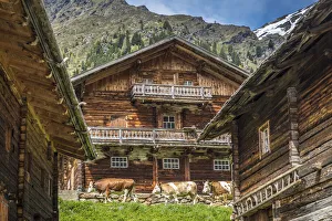 Huts of the Oberalleralm (1, 870 m) in the rear Villgratental, view to the Riesenspitze (2, 774 m), East Tyrol, Tyrol, Austria