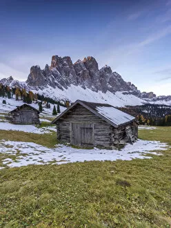 Images Dated 19th May 2016: Huts with Odle on the background. Val di Funes, Trentino Alto Adige, Italy